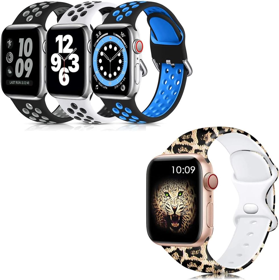 Lerobo 4 Pack Compatible for Apple Watch Band 44mm 42mm 45mm 41mm 40mm 38mm, Fancy Silicone Floral Printed Fadeless Pattern Replacement Bands for iWatch SE Series 7 Series 6 5 4 Serise 3 2 1