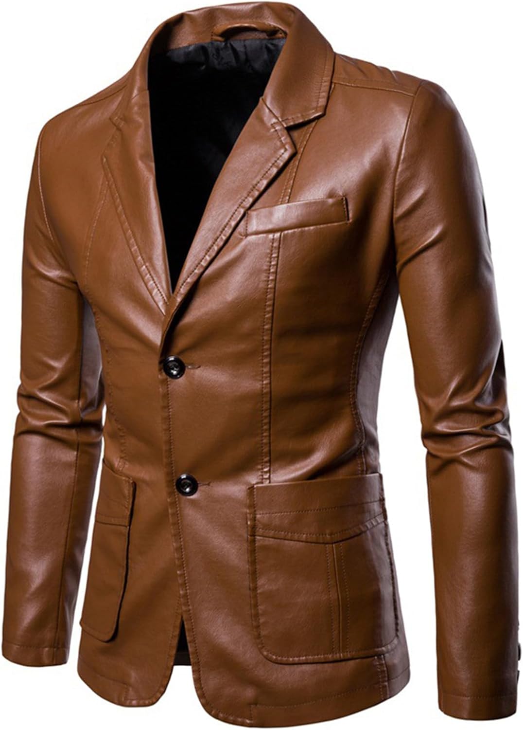 Men's Faux Leather Blazer Slim Fit Suit Jacket Casual two Button Coat Pocketed Overcoat Casual Blazer Jackets for Men