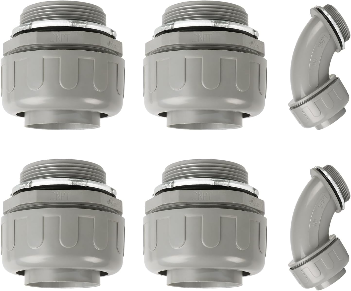 Conduit Connectors, 2 Inch Liquid Tight Connector NPT Non-Metallic for PVC Electrical Flexible Conduit Fittings, 4 Straight and 2 Angle 90 Degree, UL Listed, Grey (6-Pack)