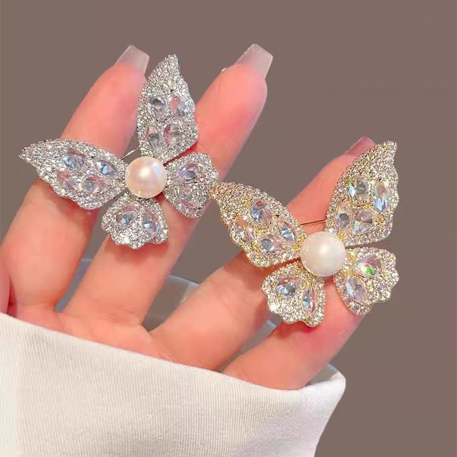 Image of Gold /Silver Butterfly Brooches for Women Rhinestone Tassel Butterfly Pin Brooch Dainty Crystal Lapel Pin Animal Insect CZ Brooch Lapel Pin for Coats Jackets Sweaters Accessories