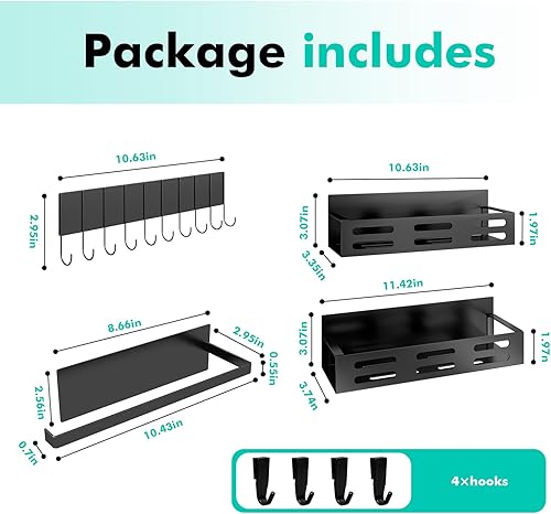 Miniatura 2 de Paquete de 4 estantes magnéticos para especias para refrigerador con 4 ganchos y soporte para toallas de papel, estante magnético negro y