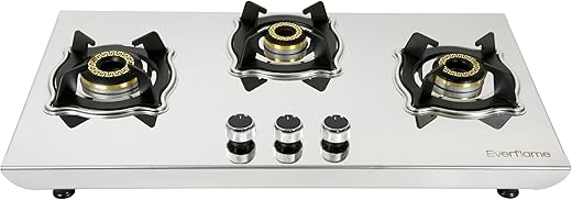 Everflame Marvel Gas Stove | 3 Burner Steel Stove | 6G Brass Burners | Manual Ignition | Italian SABAF Valve | 5 Years Warranty on (Body & Burners)…
