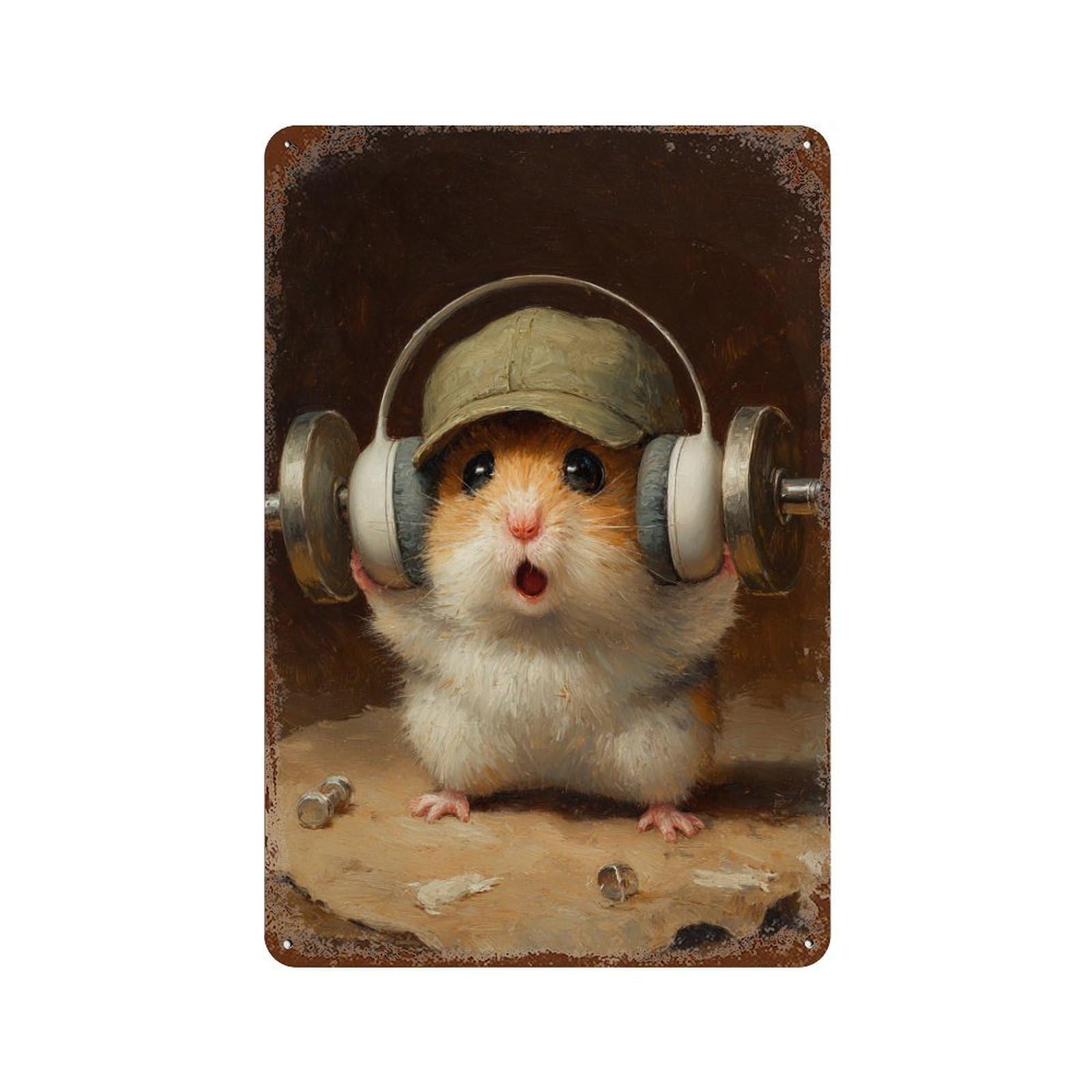 Vintage Rust Metal Sign with Hamster with Headphones Design 11.8"x7.9", for Shed, Workshop And Garage Wall Decor, Classic Wall Plaque