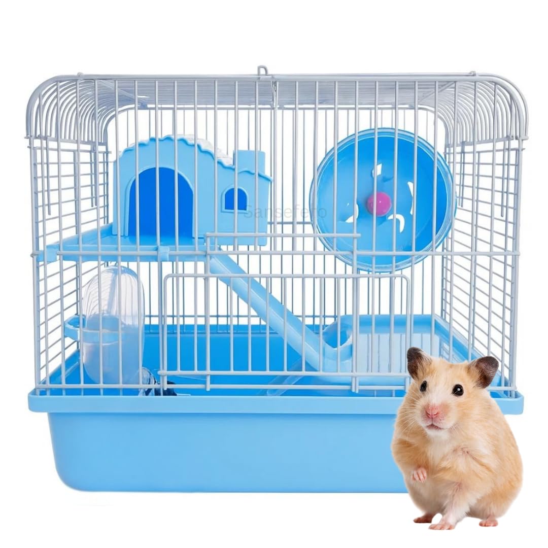 2-Tier Portable Travel Cage for Small Animals – Double Storey Dwarf Hamster Travel Carrier with Exercise Wheel, Slide Disk, Water Bottle – Compact 10.5 x 8 in – Random Color