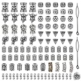 LYAFS 100 Stück Piratenschädel Wikinger Runen Wikinger Bartperlen Antike Haarrohrperlen Dreadlocks Schmuckperlen für Haare Flechten Armband Anhänger Halskette Silber Haarschmuck