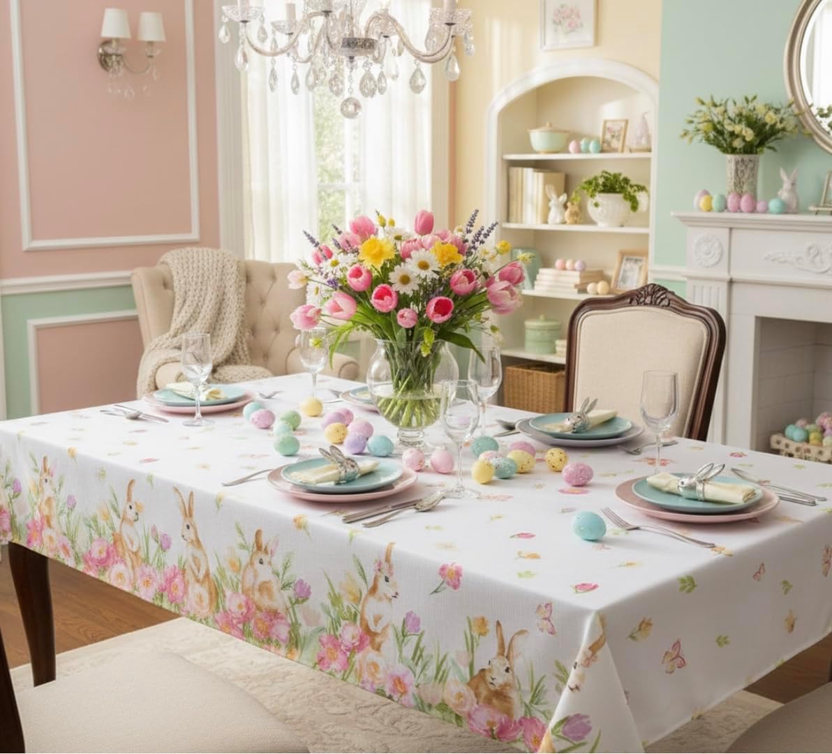 Elrene Bunnies at Play Printed Easter Fabric Tablecloth - Bunnies Among Field of Pastel Flowers and Butterflies (60 x 102 Oblong)