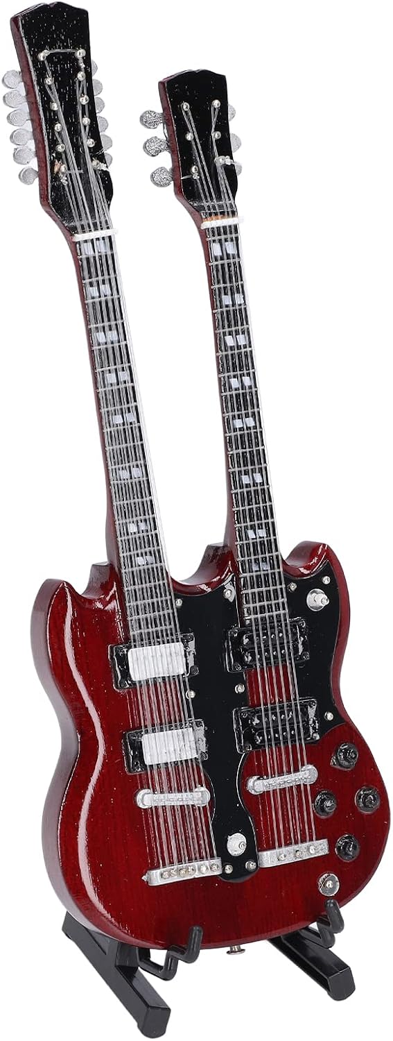 Miniature Electric Guitar, Wooden Mini Double Neck Guitar Elegant Musical Instrument Model with Stand Musical Instruments Miniature Guitars