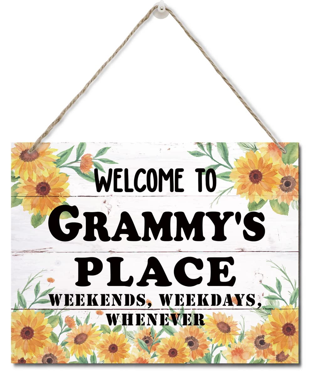 Rustic Welcome to Grammy's Place Weekends, Weekdays, Whenever Wall Art Sign, Hanging Printed Wall Plaque Wood Signs, Farmhouse Decor, Sunflower Sign, Mother's Day Gift for Grandma 10 X 7.8 inch