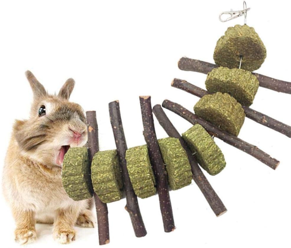 Honey MoMo Bunny Chew Toy, Small Pets Accessories,Rabbit Bunny Hamster Teeth Health Apple Wood Stick Grass Hay Cake Heart Chew Toy - Wood Color