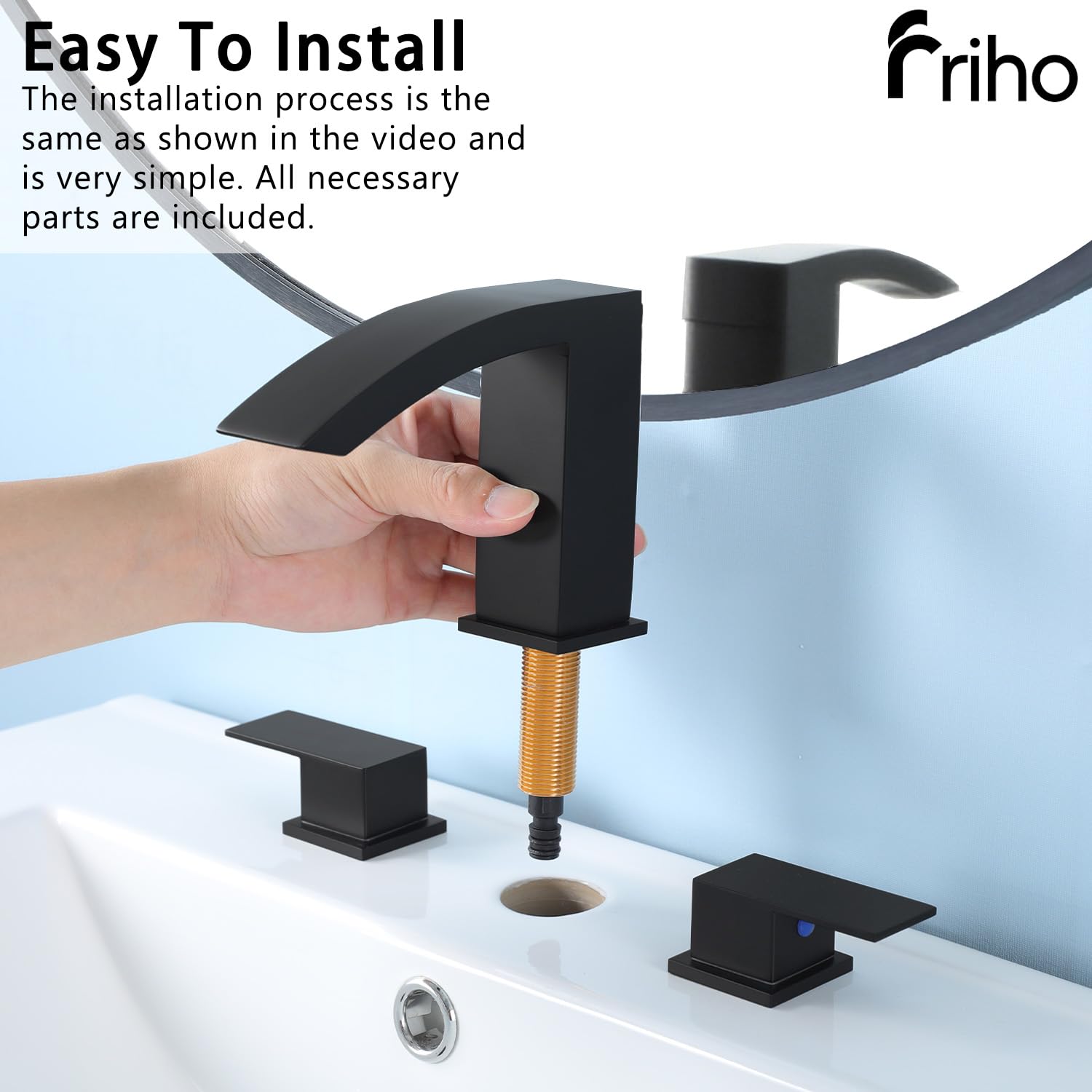 Friho Grifos de baño negros de 3 agujeros, cascada generalizada de 8 pulgadas, grifo cuadrado negro mate con drenaje emergente y líneas de suministro, dos asas para tocador, caravana, baño FR2DC17808B