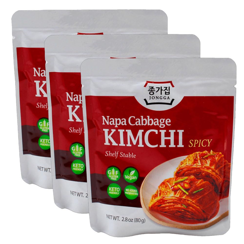 Kimchi coreano fermentado 80 g Pack 3 sobres Col china chile rojo Guarnición picante para ramen arroz noodles vegano sin gluten