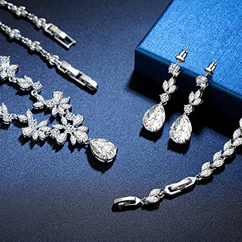 Wedding Jewelry for Bride, Silver Bridal Necklace Earrings Bracelet Set with Clear Cubic Zirconia, Bridemaids Jewelry Set for Wedding, Crystal Wedding Party Jewelry Set for Women Girls4