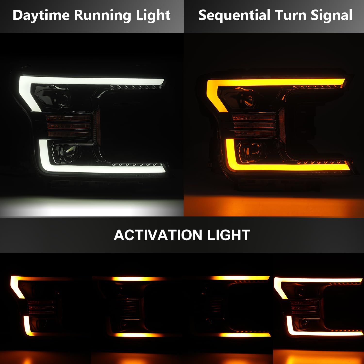 MODIFY STREET AlphaRex PRO-Series Jet Black Fit 18-20 Ford F150 Halogen Type LED Tube Dual Projector Headlights with Switchback DRL/Sequential Signal/Activation Light