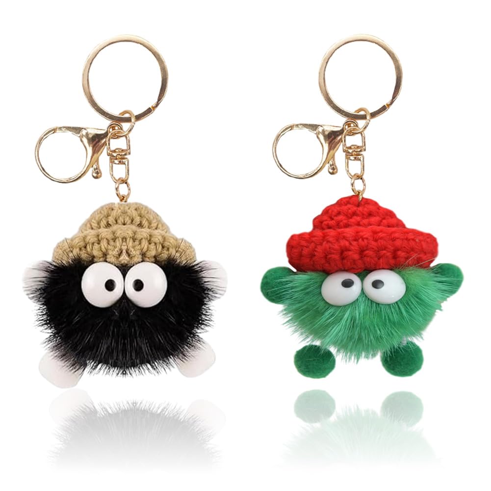 NyaSaa Cartoon Keychain,Good Luck Keyring Pom Pom Keyring Gift Four Leaf Clover Key Chain Cute Charm Key Ring Gifts For Women Men Kids
