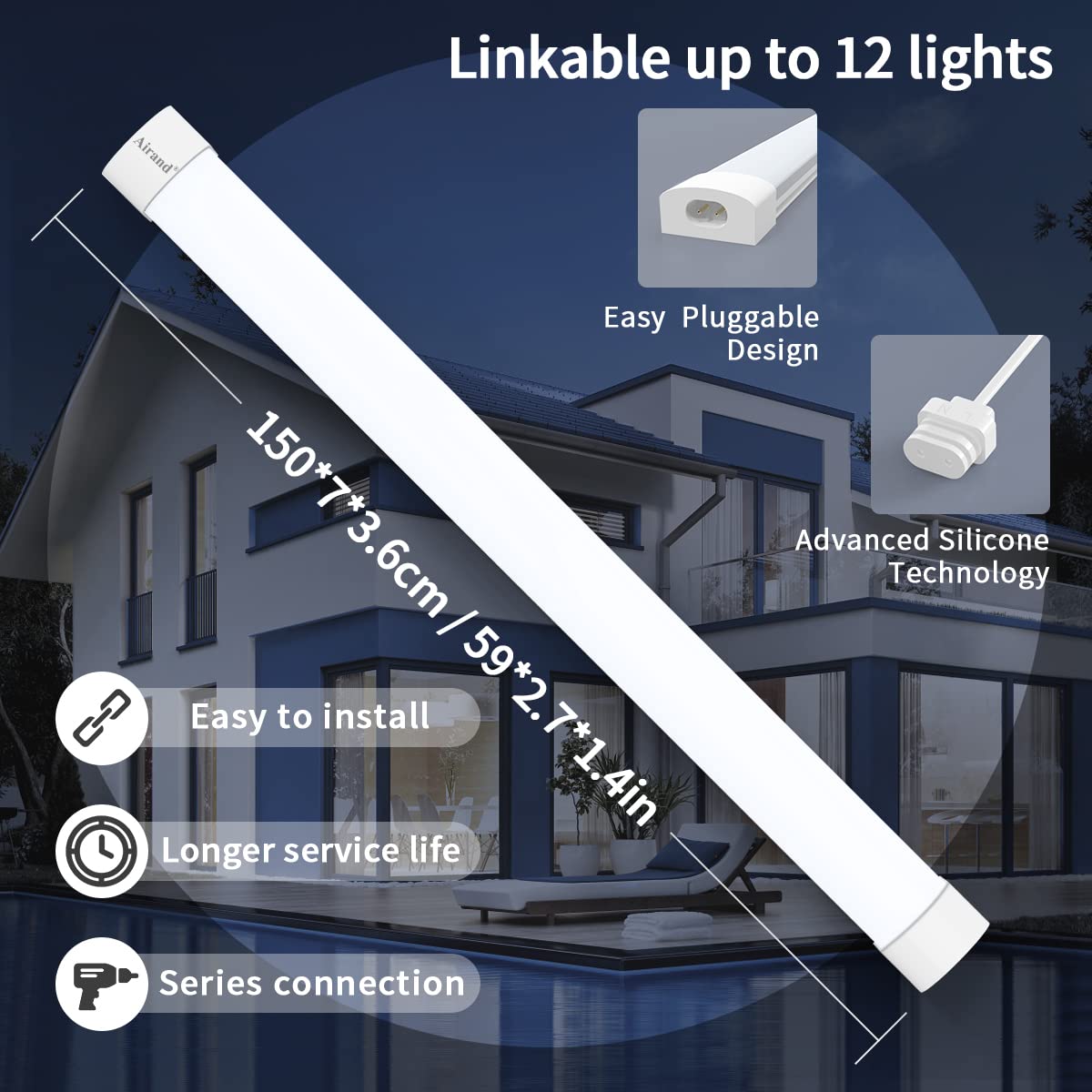 Lamp voor vochtige ruimtes LED 150 cm, LED kelderlamp 45W, garagelamp
