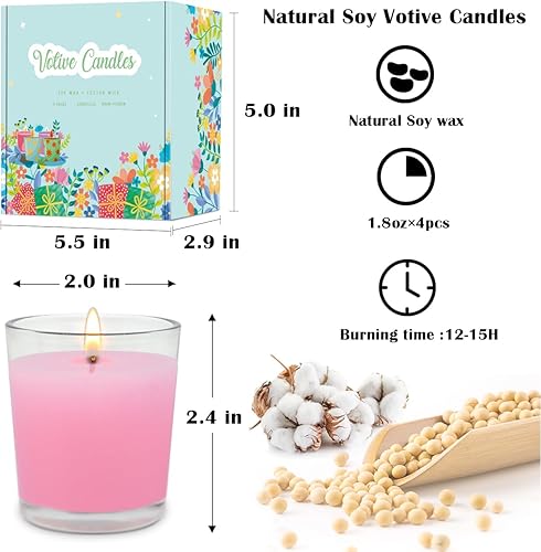 Miniatura 5 de Paquete de 4 velas votivas rosas sin perfume en vidrio, pequeñas velas de cera de soja natural de 1.8 onzas, 2.0 pulgadas, velas de color pastel