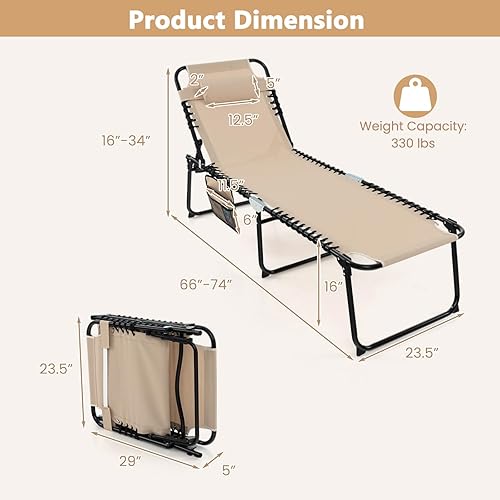 Miniatura 3 de Giantex Sillas de Salón de Patio para Exteriores - Juego de 2 Sillas Plegables de Bronceado con Reposacabezas, 4 Posiciones Ajustables, Bolsillo