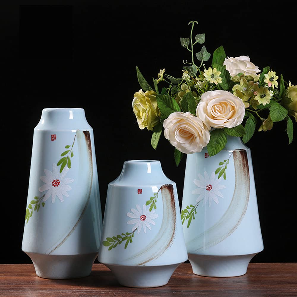 asdchZen Chinoiserie Ceramic Vase Set, Farmhouse Home Decor, Great For Centerpieces,Set Of 3 Vases Jingdezhen Handmade Vase Simple Ceramic Storage Jar