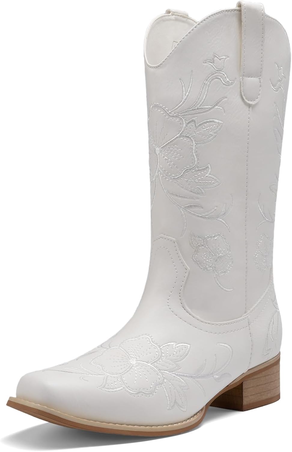 DREAM PAIRS Women's Western Cowboy Boots Square Toe Embroidered Mid Calf Boots Western Chunky Low Heel for Country Music Festivals Theme Party and Concert