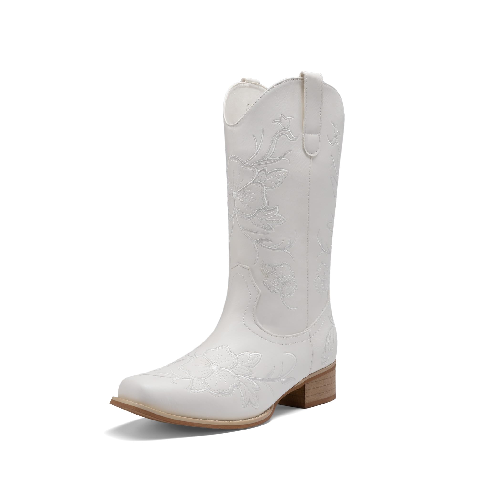 DREAM PAIRS Stivali da cowboy da donna con punta quadrata ricamata, tacco basso grosso, stile western, per festival di musica country, feste a tema e concerti, bianco, 41 EU