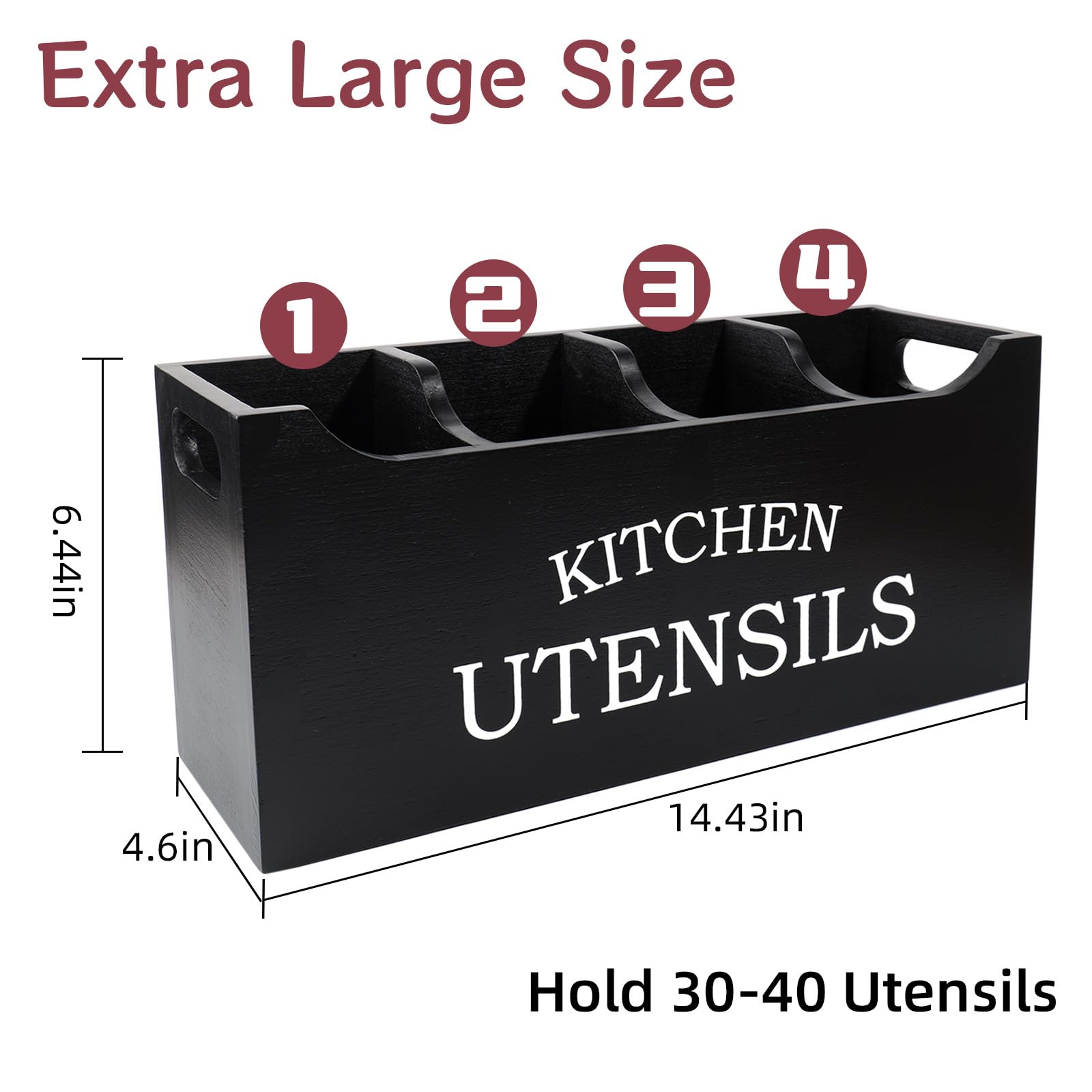 Utensil Holder for Kitchen Counter, Wood Extra Large 4 Compartments Kitchen Utensil Holder with Drainage Bottom for Countertop, Farmhouse Cooking Tools Organizer for Spatula, Black