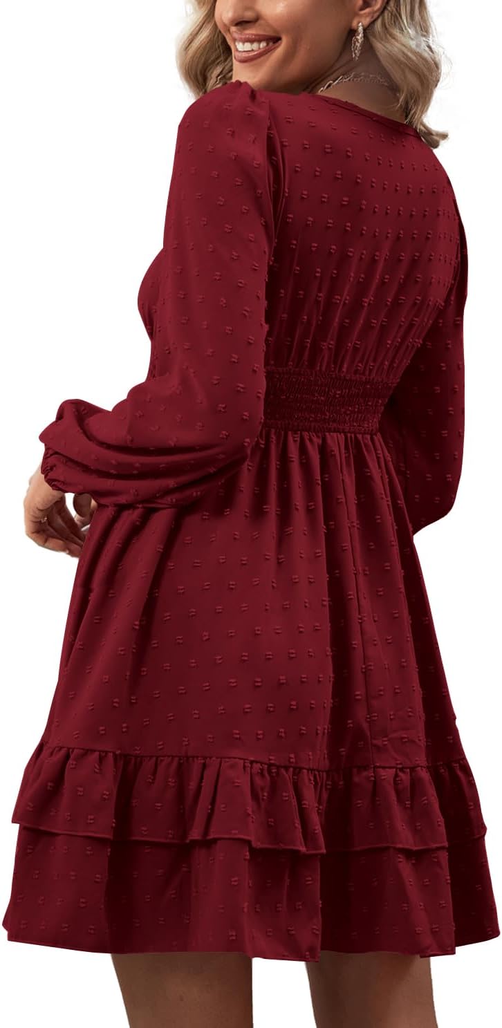 Rooscier Women's Wrap V Neck Swing Ruffle Swiss Dots Long Sleeve Mini Dress - Image 2