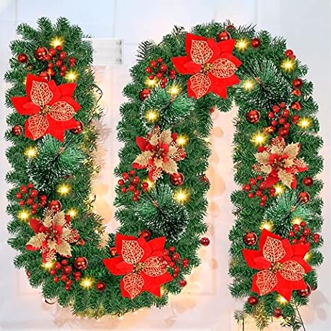 Weihnachtsgirlande mit Beleuchtung, 270cm Weihnachtsdekoration 30 LEDs Tannengirlande, Weihnachtsgirlande Dekoration mit Golden Blumen, Glänzend Kugeln für treppengeländer Kamine Treppen Wand Tür Cover