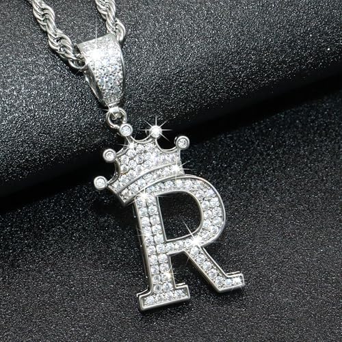 Silver A-Z Letter Crown Initial Necklace, Cute Bling Personalized Alphabet Name Pendant Necklace, 24-inch Rope Chain Hip Hop Charm Glitter Shiny Cubic Zirconia Large Letter Mom Men Women Jewelry3