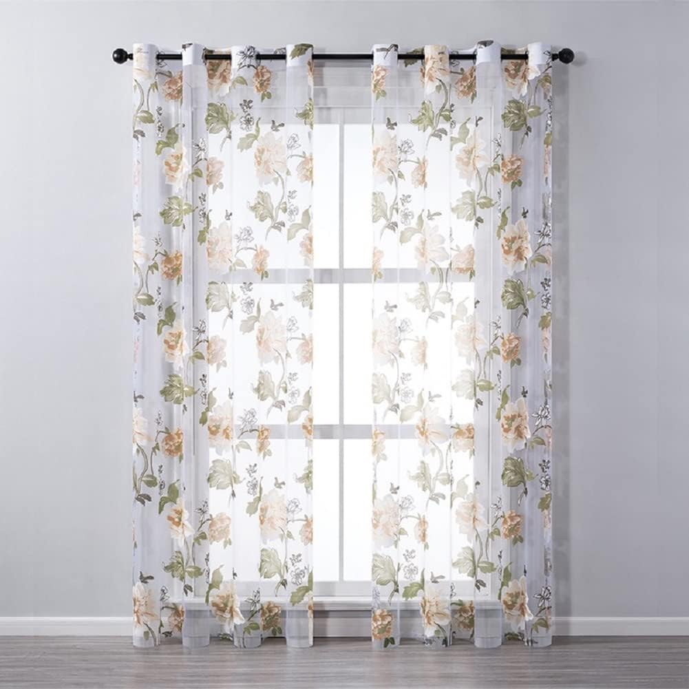 HooHero Elegance High Grade Big Peony Pattern Printed Sheer Curtains Voile Curtain 100 Width Drape Panel Kids Nursery Room Decor