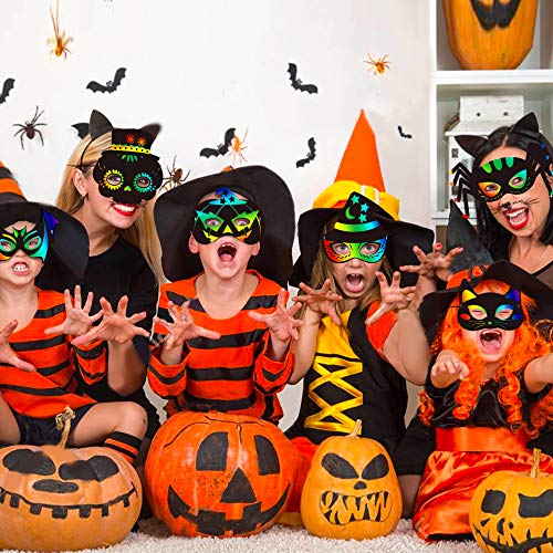 Halloween Party Favors - Halloween Crafts - 24Pcs Magic Rainbow Scratch Art Masks Kits Bulk - Skeleton Cat Witch Pumpkin Bat Spider Decorations For Kids Ages 3-5 4-8 Classroom Birthday Party #TOP3