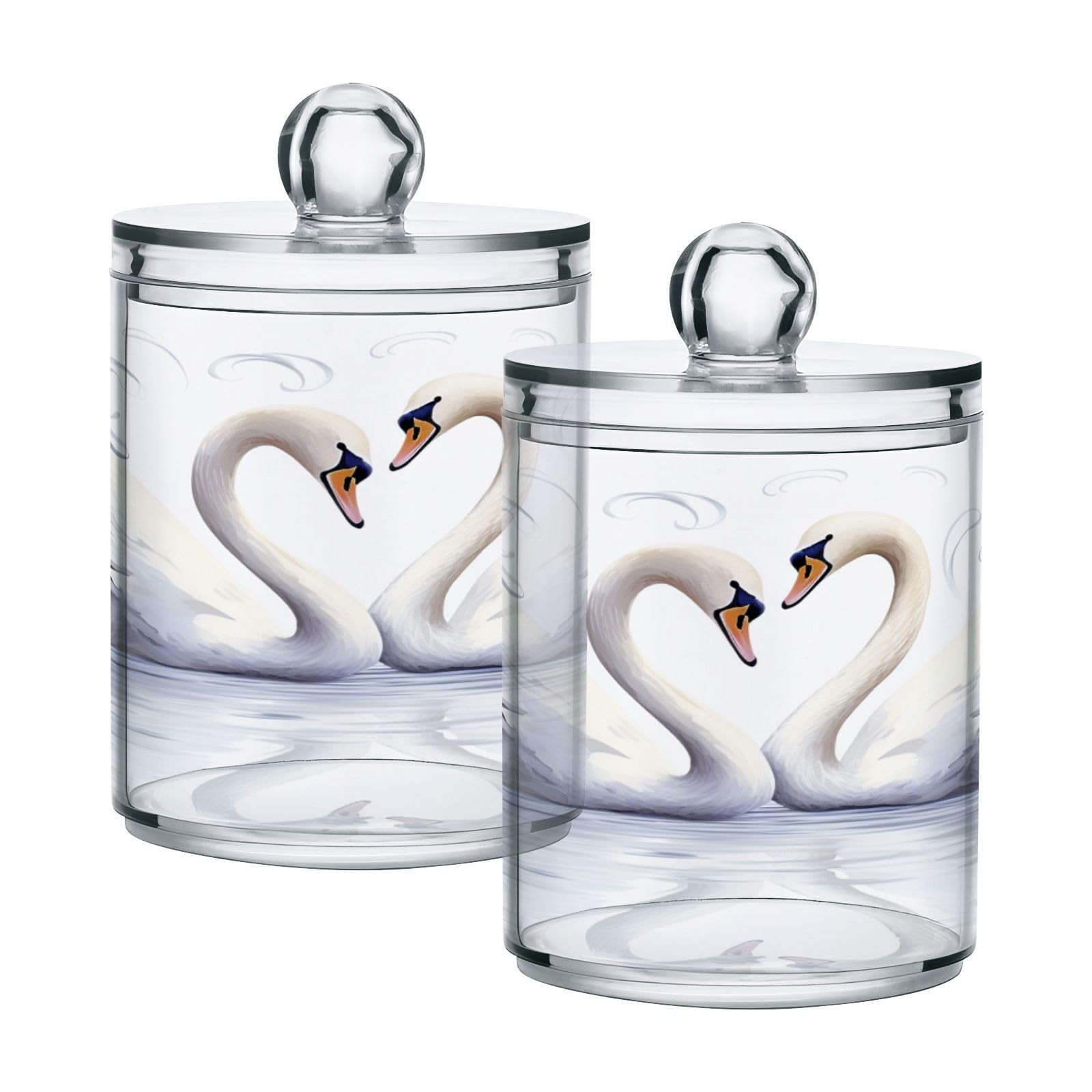 Swans White Print Restroom Bathroom Organizers with Lid Qtip Holder Dispenser Apothecary Jars Cotton Balls Pads Swabs Holder