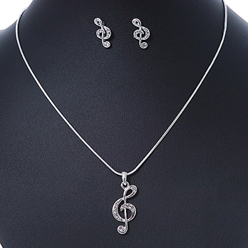 Colgante de clave de sol de cristal transparente con cadena plateada extensible y pendientes 2