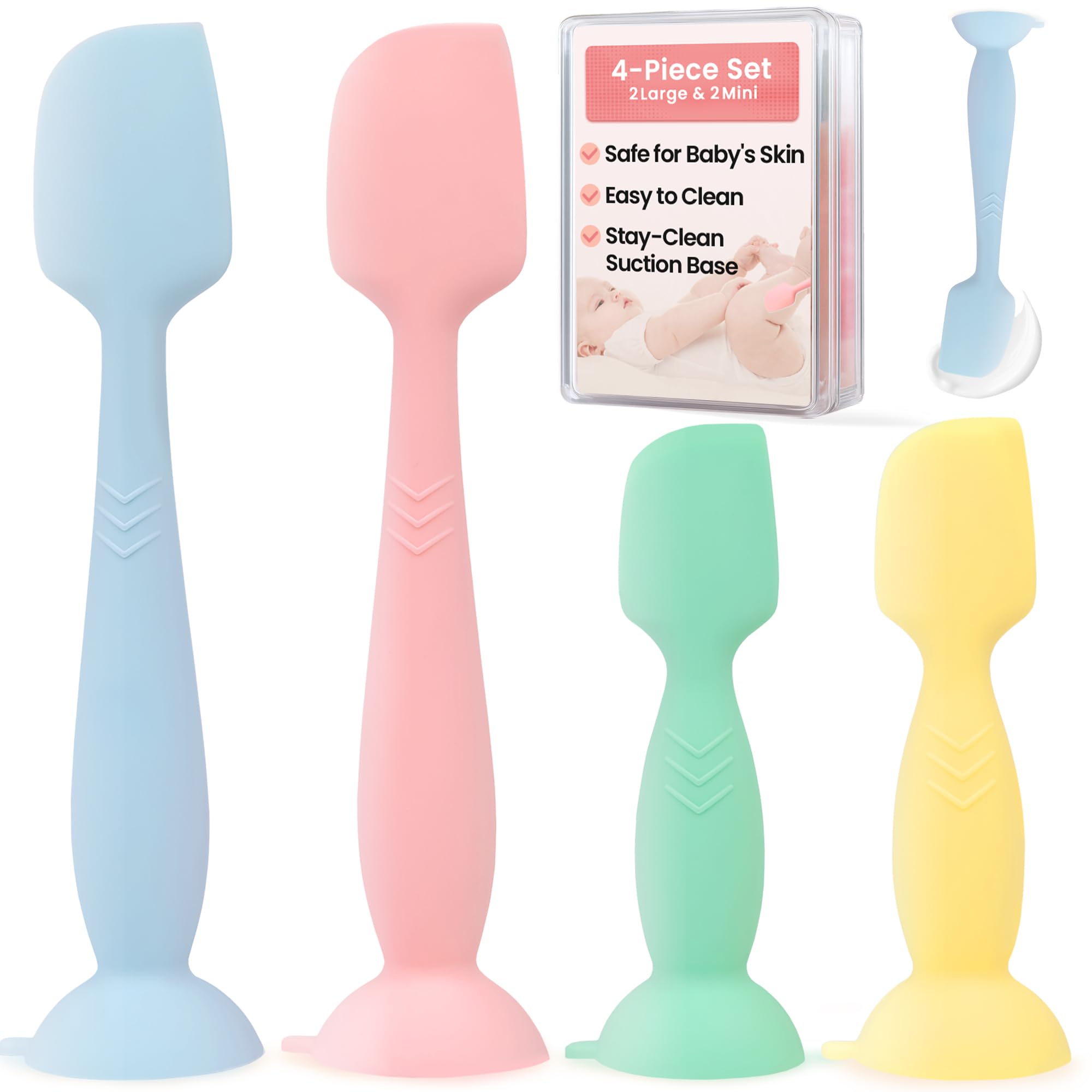 Upgraded 4-Pack Silicone Diaper Cream Spatula with Travel Case - Soft Full-Size Mini Applicators for Rash Ointment Diaper