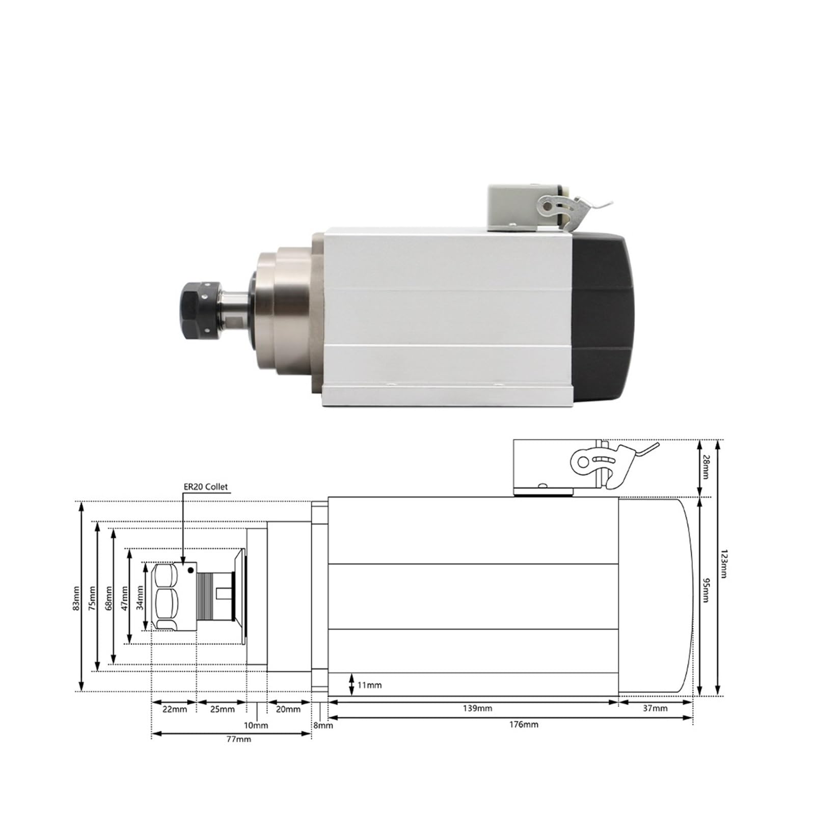 KACOME 1.5KW ER20 Air Cooled Spindle Motor Square Spindle with mounting Flange 0.01mm Accuracy 4 PCS Ball Bearings(220v)