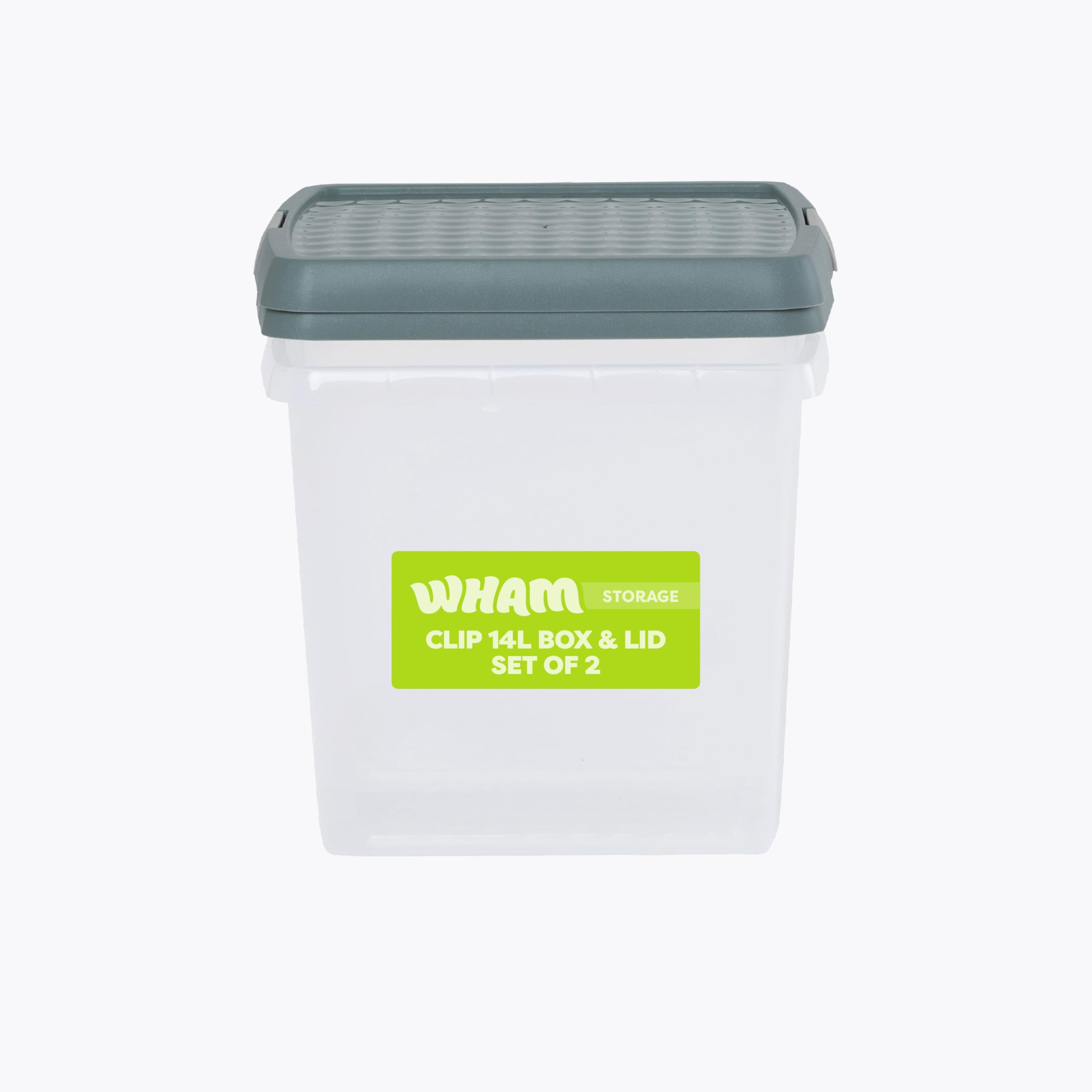 Wham Clear/Green Milieu Clip 2 X 14L Square Stackable Plastic Storage Boxes With Lids | Ideal For Home, Office, Toys & More | Storage Containers With Clip Locks | Made In Uk