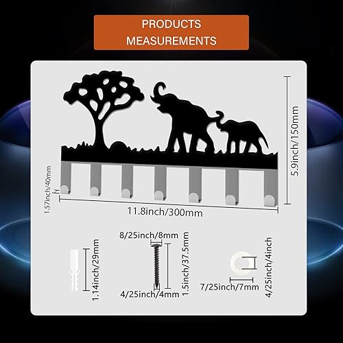 Miniatura 2 de Soporte para llaves de elefante para pared, ganchos de metal para llaves montado en la pared con 7 ganchos, organizador negro para colgar en la