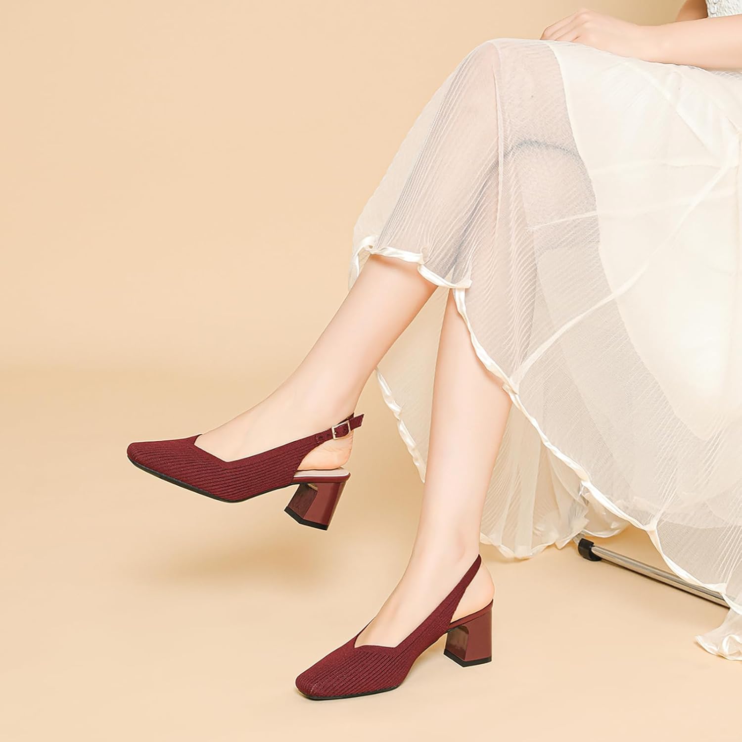 Women's Knit Slingback Heels Pumps with Adjust Ankle Strap Fashion Breathable Closed Square Toe Chunky Heel Mules Sandals Work Office Wedding Dressy Shoes - Image 2