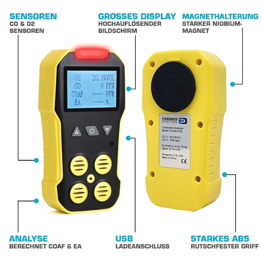 Basis-Abgasanalysator | CO- Und O2-Sensoren | Wasserfalle, Partikelfilter Und NOx-Filter | USB-Ladung | Kalibrierzertifikat EU