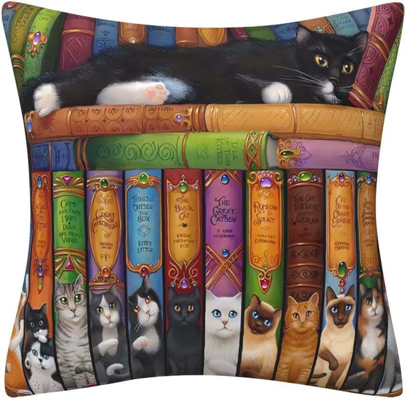 Cat Gifts Cushion Covers 45cm x 45cm Cat Book Bookshelf Double-Sided Decorative Pillows Covers for Home Livingroom Sofa Bed Outdoor Garden Decor Cushion Cover 18 x 18 inch