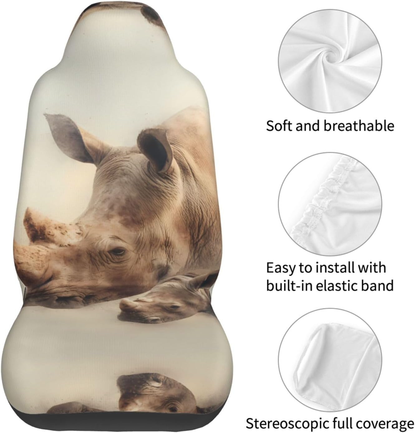 Universal Rhino Mother and Calf Printed car seat Covers are Suitable for Most Seats in Trucks, Vans, and Other Similar Vehicles.
