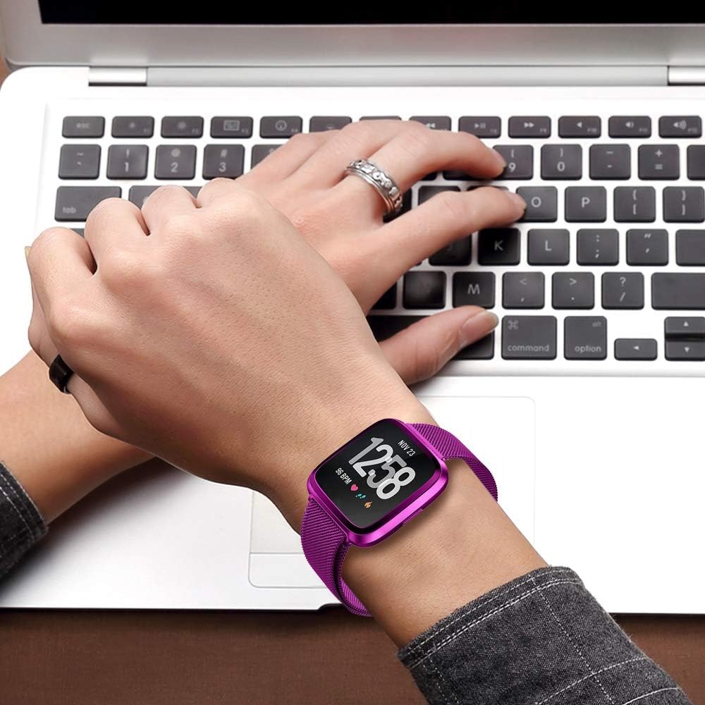 HAPAW Bands Compatible with Fitbit Versa/Versa 2, Women Men Metal Stainless Steel Replacement Sport Bracelet Strap Wristbands Accessories Small Large with Magnet Lock for Versa Smartwatch