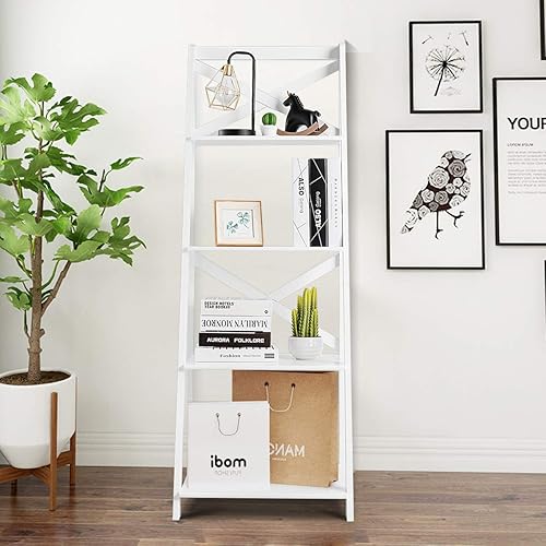 Miniatura 8 de Estantería de escalera de 4 niveles, estante de exhibición de plantas inclinadas, estantería moderna de madera para decoración de madera, estantes