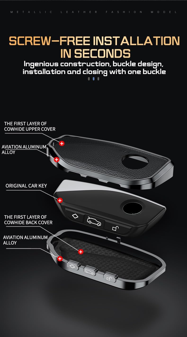 HIBEYO for BMW IX 2023 Key Fob Cover Protect for BMW 7 Series 760i X7 IX i7 XM 2023 Smart Key Accessories Key Shells with Keychains Aluminium and Genuine Leather Material-Blue