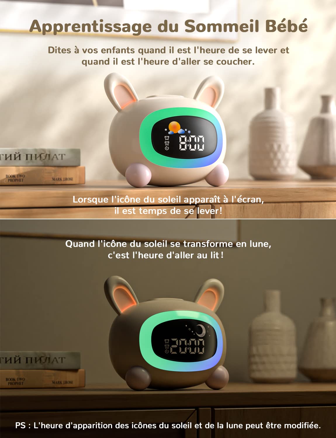 LIORQUE Sveglia per bambini, Sveglia da Comodino con Luce Notturna, Macchina Rumore Bianco, Doppia Allarme, Modalità Weekend, Sveglia Ricaricabile per Allenamento del Sonno Per i Bambini