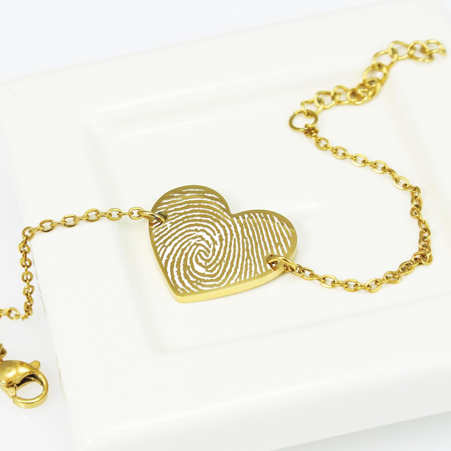 AnnBijoux Personalized Engraved Fingerprint Heart Bracelet Stainless Steel Linked Chain Jewelry Memorized Motivate Charm Name Message Bracelet