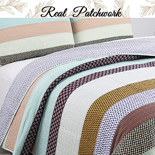 Cozy Line Home Fashions 100% Cotton Reversible Quilt Bedding Set, Cottage Stripe Gingham Check Coverlet Bedspread (Nesco Stripe, Queen-3 Piece)