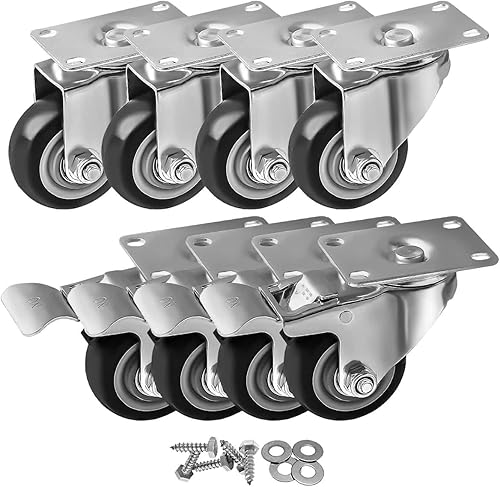 Paquete de 8 placas giratorias de 3 pulgadas sin placa de freno resistentes en ruedas de poliuretano negras con tornillos resistentes