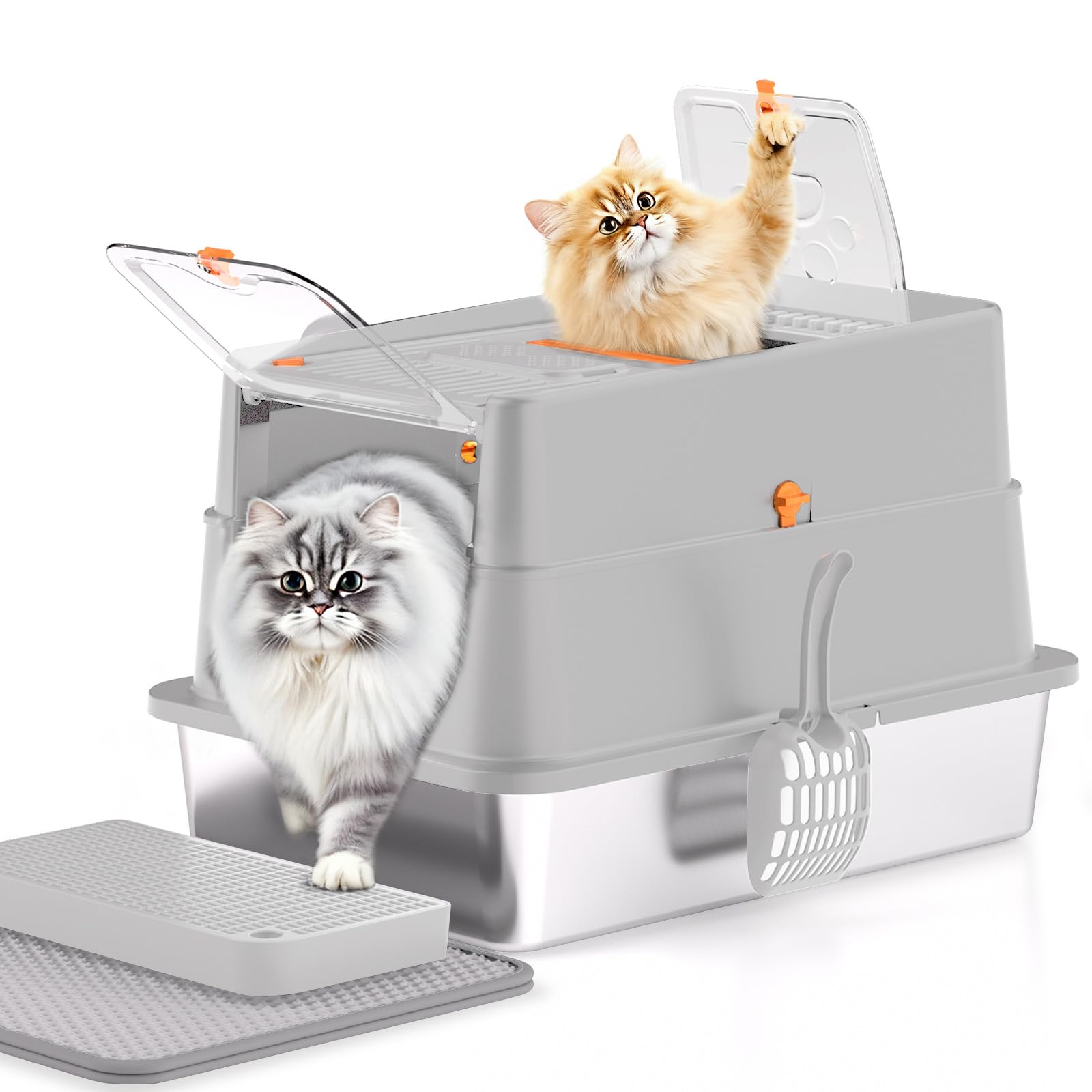 Stainless Steel Cat Litter Box, XL Enclosed Cat Litter Box with Lid, Easy to Clean High-Sided Metal Kitty with Top Entry, Scoop, Mat, Brush & Foot Pedal-Light Gray