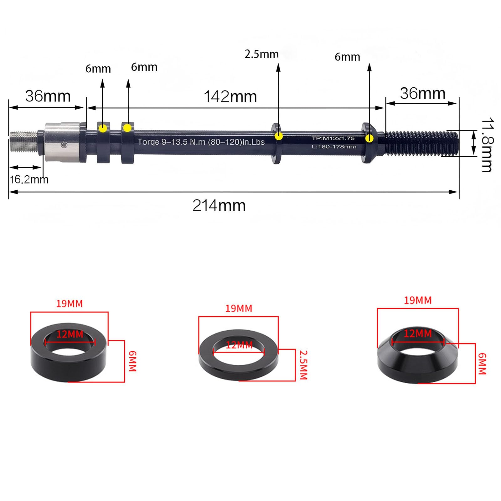 Adattatore per asse a innesto M12 x 1,0 mm, 160 – 178 mm, lunghezza regolabile asse per bicicletta, adattatore per asse per rimorchio bicicletta, compatibile con la maggior parte delle MTB