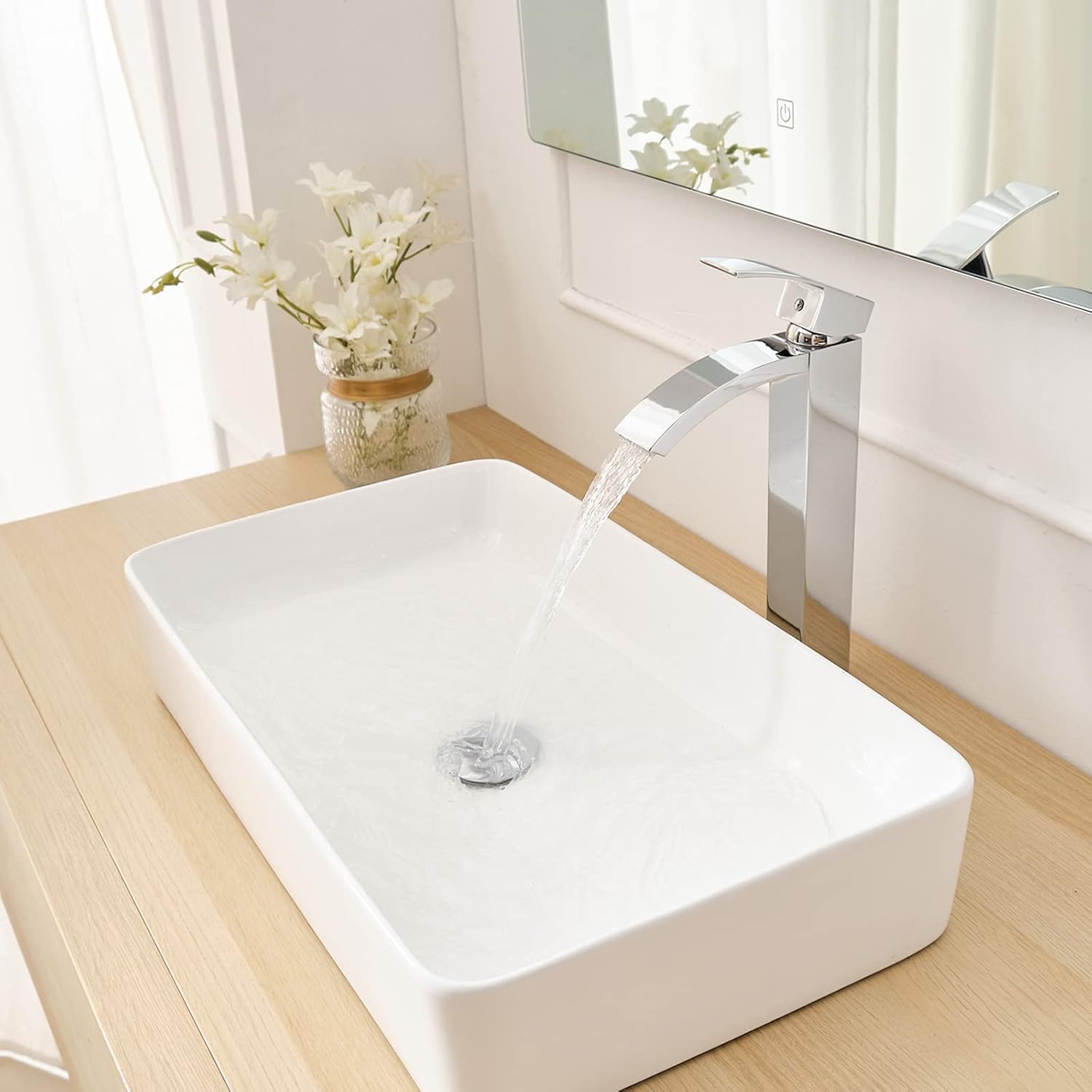 Hot Deals Greenspring Vessel Sink Faucet Chrome Bathroom Tall Spout Single Handle Single Hole Waterfall Modern Brass Commercial Basin Faucets with Pop Up Drain Without Overflow Supply Line Lead-Free